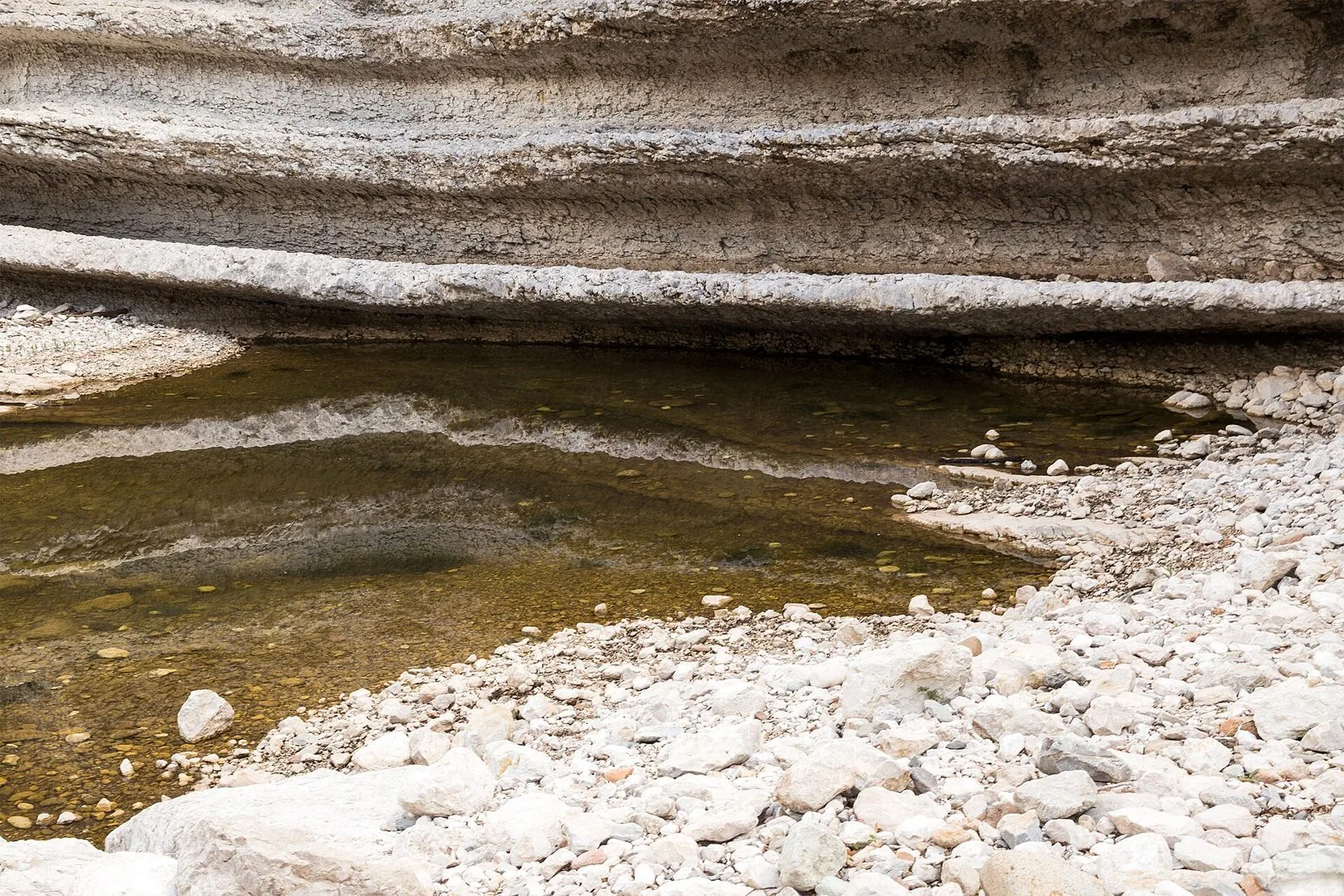 Pozza d'acqua limpida tra le pareti calcaree stratificate della Gola di Gorropu